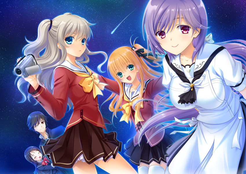 1boy 4girls :d absurdres black_skirt blonde_hair blue_eyes breasts brown_skirt camcorder charlotte_(anime) commentary company_connection crossover dress english_commentary grey_hair hamada_mari hand_up highres hoshinoumi_academy_school_uniform key_(company) large_breasts leaning_forward long_hair long_sleeves looking_at_viewer low_ponytail miniskirt mizuori_shizuku multiple_girls nishimori_yusa one_eye_closed one_side_up otosaka_ayumi otosaka_yuu pleated_dress pleated_skirt purple_hair red_eyes red_shirt sailor_collar scar scar_across_eye scar_on_face school_uniform serafuku shirt shooting_star sidelocks skirt sky smile star_(sky) starry_sky summer_pockets thigh-highs tomori_nao two_side_up very_long_hair video_camera wavy_hair white_sailor_collar white_serafuku white_shirt white_thighhighs zettai_ryouiki