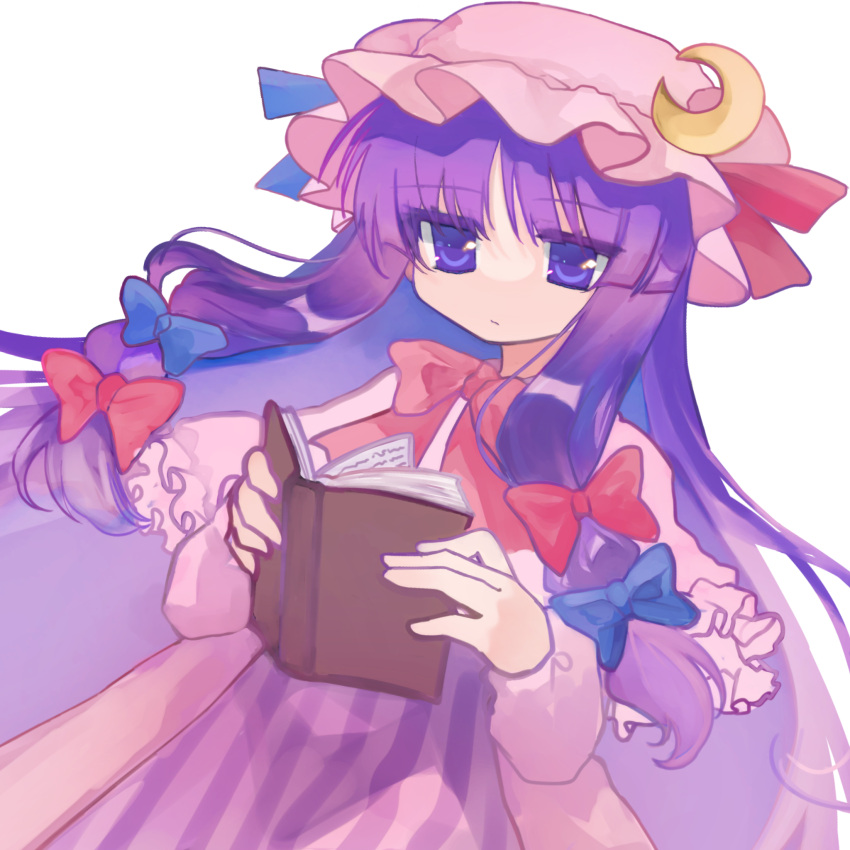 1girl blue_bow blue_ribbon book bow bowtie capelet closed_mouth commentary_request crescent crescent_hat_ornament expressionless frilled_capelet frills hair_bow hat hat_ornament hat_ribbon highres holding holding_book iz_toto long_hair long_sleeves looking_at_viewer mob_cap open_book patchouli_knowledge purple_hair red_bow red_bowtie red_ribbon ribbon simple_background solo touhou upper_body very_long_hair violet_eyes white_background