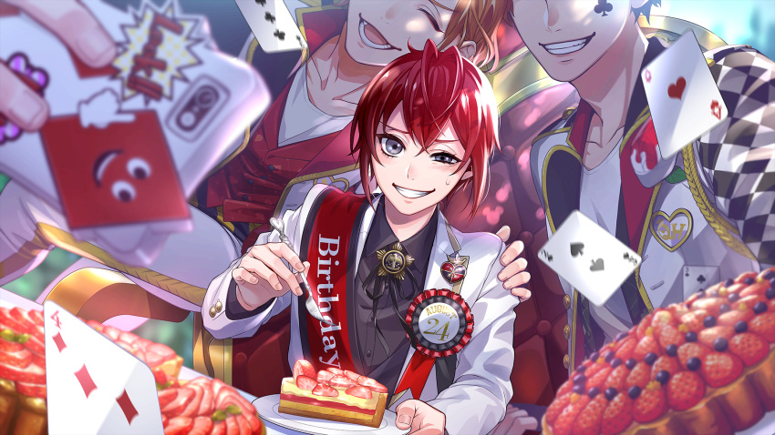 3boys black_eyes cake card cater_diamond closed_eyes food game_cg grimace head_out_of_frame highres holding holding_phone jacket looking_at_viewer multiple_boys official_art open_mouth orange_hair phone playing_card redhead riddle_rosehearts trey_clover twisted_wonderland white_jacket