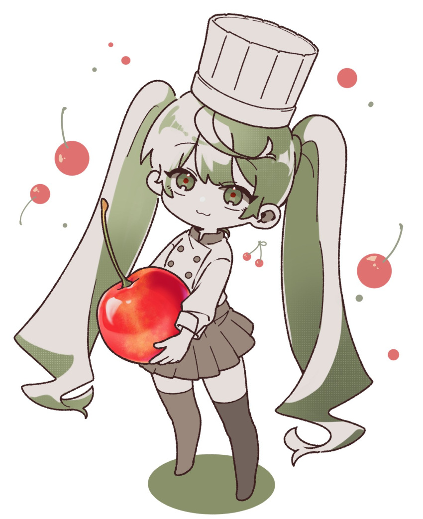 1girl :3 buttons chef chef_hat cherry chibi closed_mouth commentary double-breasted flat_top_chef_hat food food-themed_background fruit full_body green_eyes green_hair hat hatsune_miku highres holding holding_food holding_fruit limited_palette long_hair long_sleeves looking_at_viewer miniskirt oversized_food oversized_object pleated_skirt red_pupils simple_background skirt smile solo standing symbol-only_commentary twintails very_long_hair vocaloid white_background you_nekomura zettai_ryouiki