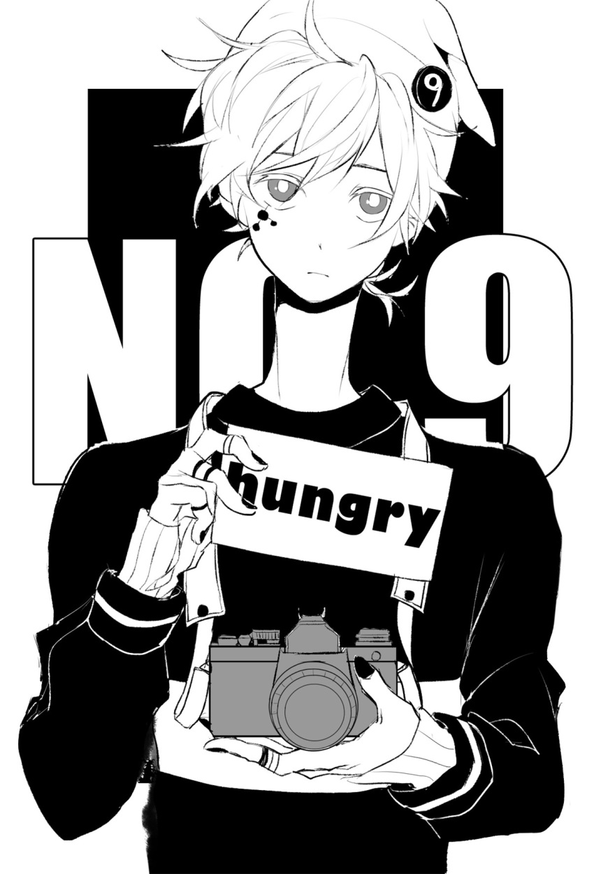 1boy alternate_costume beanie bright_pupils camera casual character_name closed_mouth colored_eyelashes expressionless facial_mark fingernails frown greyscale hat highres holding holding_camera holding_sign jacket kagerou_project konoha_(kagerou_project) layered_sleeves long_sleeves looking_at_viewer lunar_base_(i-ekk) male_focus monochrome nail_polish number_hair_ornament outside_border sanpaku shirt short_hair sign simple_background single_stripe solo straight-on strap striped t-shirt two-tone_background upper_body