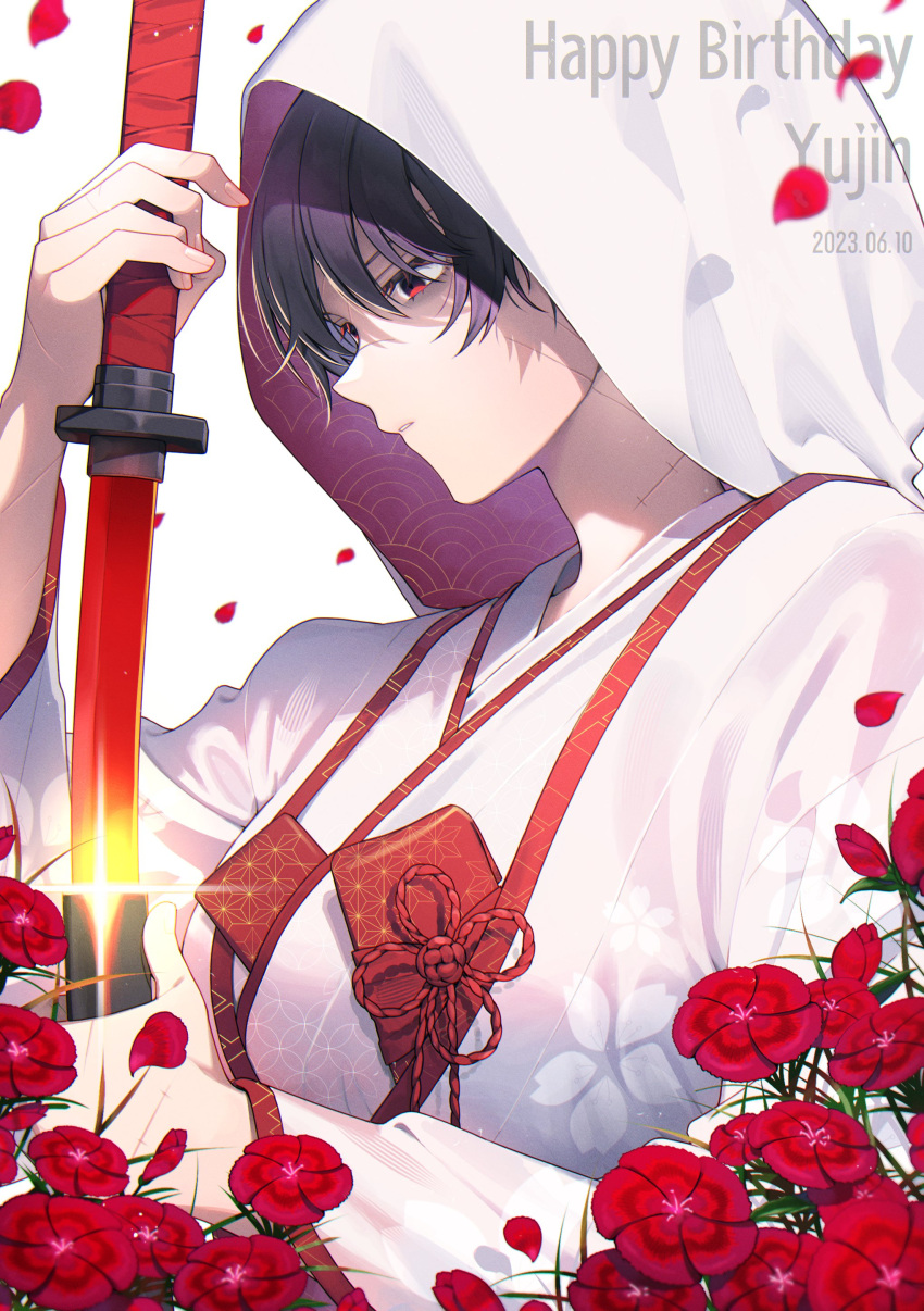 1girl absurdres black_hair character_name dated flower glint happy_birthday highres holding holding_sheath holding_sword holding_weapon hooded_kimono japanese_clothes katana kimono library_of_ruina looking_to_the_side michael_(8m71d) parted_lips petals project_moon red_eyes red_flower sheath shiromuku simple_background solo sword uchikake unsheathing upper_body weapon white_background white_kimono yujin_(library_of_ruina)