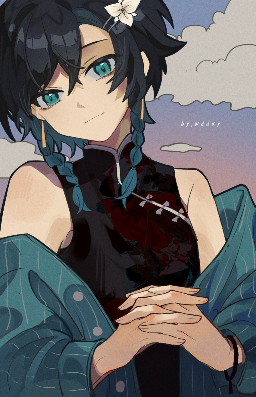 1boy absurdres alternate_costume aqua_eyes artist_name bare_shoulders black_hair black_shirt blue_hair blue_jacket bracelet braid buttons closed_mouth clouds cloudy_sky earrings evening fingernails flower genshin_impact gradient_hair gradient_sky hair_between_eyes hair_flower hair_ornament hairpin hands_up highres jacket jewelry long_sleeves looking_at_viewer male_focus mandarin_collar multicolored_hair open_clothes open_jacket otoko_no_ko own_hands_together pink_sky puffy_long_sleeves puffy_sleeves purple_sky shirt short_hair sky sleeveless sleeveless_shirt smile solo striped striped_jacket twin_braids venti_(genshin_impact) white_flower xianyu125