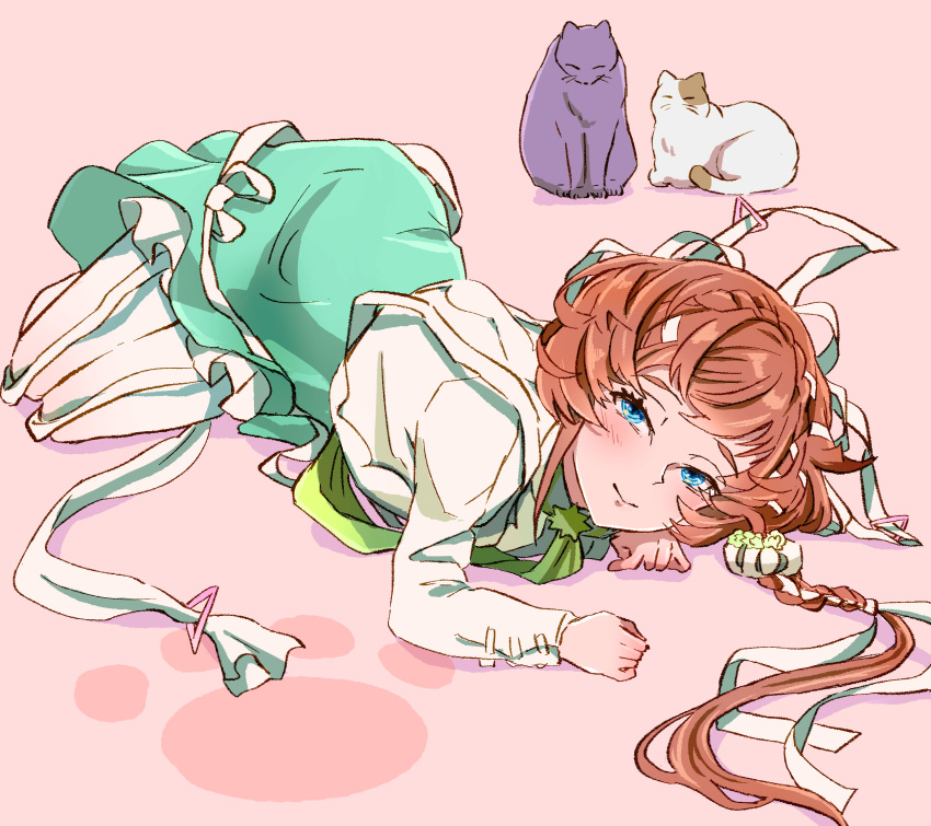 1girl blue_eyes braid cat closed_mouth crown_braid fate/grand_order fate_(series) green_skirt highres long_hair long_sleeves looking_at_viewer lying on_stomach pantyhose paw_print pink_background purple_cat shimogamo_(shimomo_12) shirt skirt smile van_gogh_(fate) white_cat white_pantyhose white_shirt