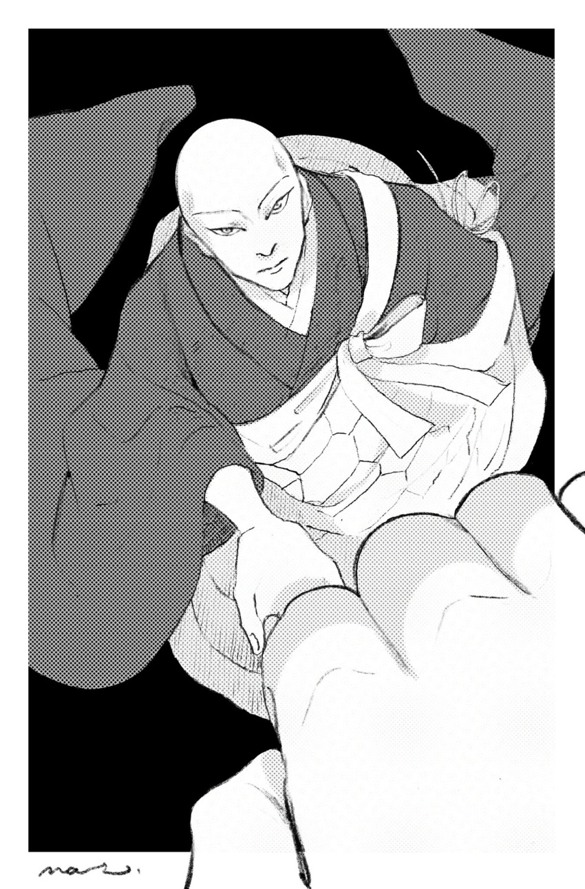 1boy alternate_form bald border commentary from_above greyscale hand_on_another's_hand highres houseki_no_kuni japanese_clothes kesa kimono kongou_sensei lililin long_sleeves looking_at_viewer looking_up monk monochrome out_of_frame outside_border pov pov_hands reaching reaching_towards_viewer shiro_(houseki_no_kuni) signature simple_background size_difference solo_focus wide_sleeves