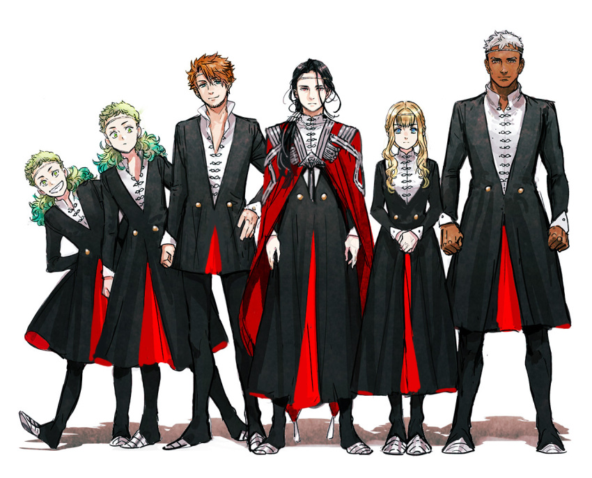 1girl 5boys armor arms_at_sides arms_behind_back black_coat black_dress black_hair black_pants blonde_hair blue_eyes breasts brown_hair circlet clenched_hands cloak coat curious curly_hair dark-skinned_male dark_skin dress easthies_(tongari_boushi_no_atelier) ekoh_(tongari_boushi_no_atelier) etoran_(tongari_boushi_no_atelier) facial_hair full_body galga_(tongari_boushi_no_atelier) green_hair grin hair_between_eyes hair_over_shoulder hand_on_own_hip leaning_to_the_side legs_apart long_hair long_sleeves looking_at_viewer low_ponytail multicolored_hair multiple_boys orange_hair own_hands_together pants ponytail red_cloak shadow shirahama_kamome shirt shoes short_hair siblings side-by-side sidelocks simple_background smile standing straight-on stubble swept_bangs tongari_boushi_no_atelier twins two-tone_hair uluci_(tongari_boushi_no_atelier) uniform utowin_(tongari_boushi_no_atelier) white_background white_hair white_shirt