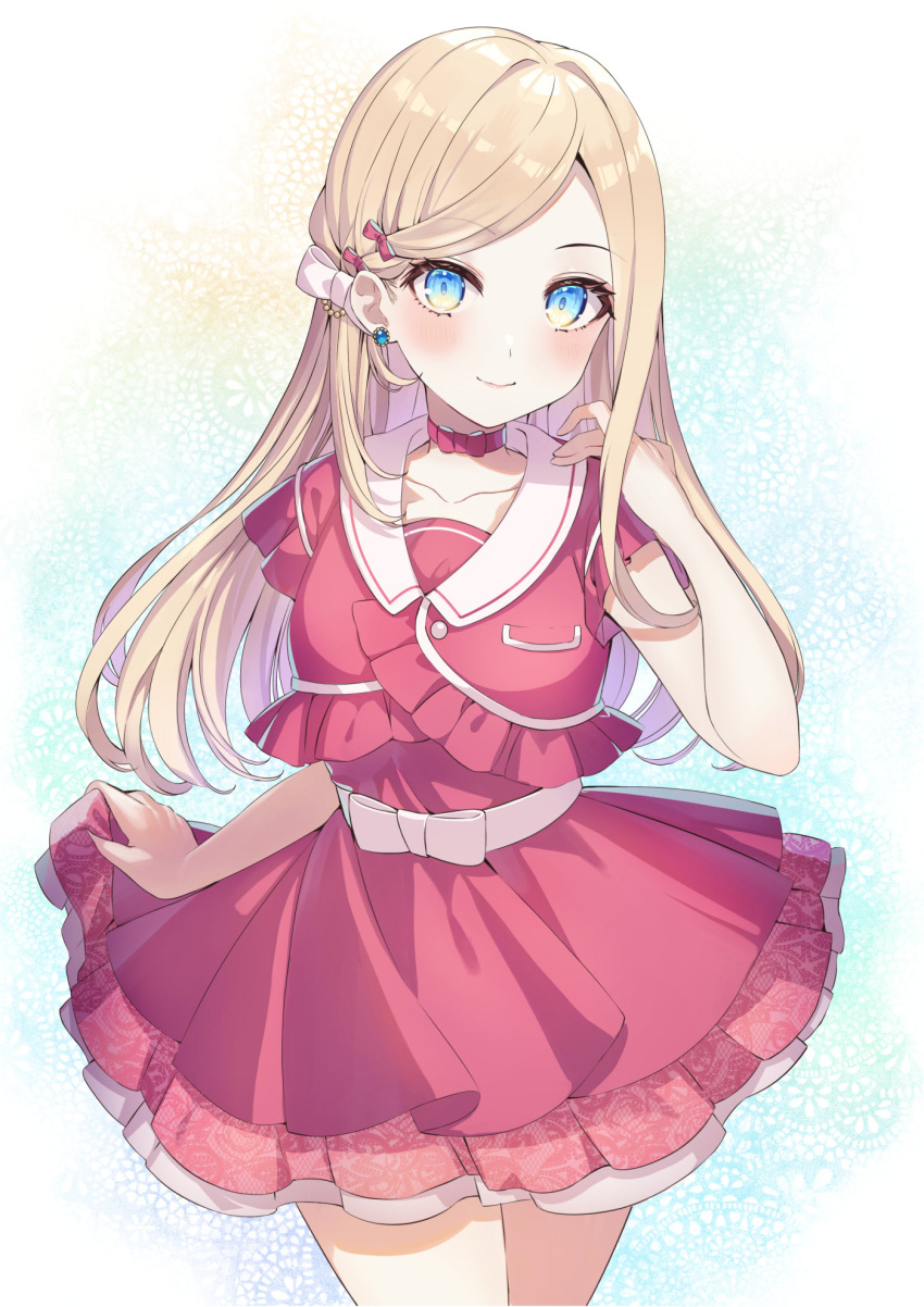 1girl ao_no_neko blonde_hair blue_eyes blush bow bow_choker choker collarbone cowboy_shot dress earrings hair_bow highres jewelry lace_background long_hair looking_at_viewer original red_choker red_dress smile white_bow yellow_eyes