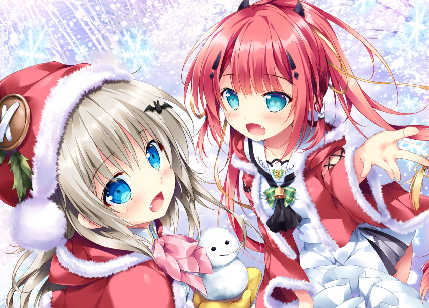 2girls :d \||/ absurdres aqua_eyes arm_at_side ascot bat_hair_ornament bell black_ascot blue_eyes blunt_bangs blush bow capelet commentary_request company_connection cowboy_shot crossover eyelashes eyes_visible_through_hair fang fur-trimmed_capelet fur-trimmed_sleeves fur_trim gloves green_bow grey_hair hair_between_eyes hair_ornament hair_ribbon hairclip hand_up hat head_tilt highres jingle_bell kamiyama_shiki key_(company) kud_wafter leaf_hat_ornament little_busters! long_hair long_sleeves looking_at_viewer mikeou miniskirt mittens multiple_girls noumi_kudryavka open_mouth outdoors pink_bow ponytail reaching reaching_towards_viewer redhead ribbon sailor_collar santa_capelet santa_hat school_uniform second-party_source skirt smile snowflakes snowing snowman summer_pockets upper_body very_long_hair white_fur white_sailor_collar white_skirt wide_sleeves winter yellow_gloves yellow_ribbon
