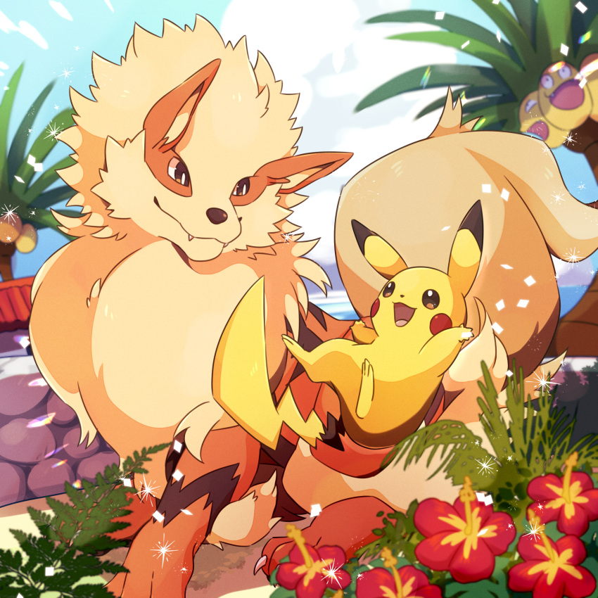 :3 alolan_exeggutor animal_focus arcanine blue_sky blurry blurry_background blurry_foreground blush_stickers bright_pupils brown_eyes closed_mouth clouds commentary_request confetti day dutch_angle eye_contact fangs fangs_out flower fluffy full_body happy highres jumping ktyon3 looking_at_another looking_to_the_side neck_fur no_humans open_mouth outdoors outstretched_arms partial_commentary pikachu pokemon pokemon_(creature) red_flower sky smile sparkle standing white_pupils