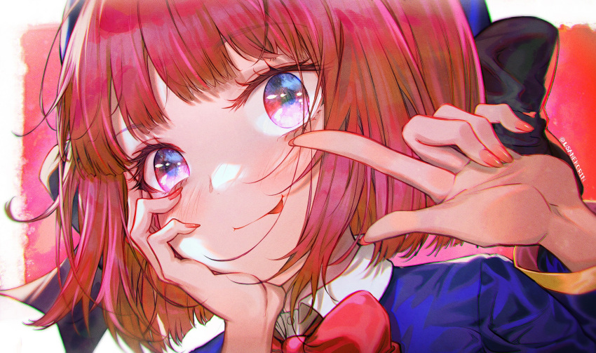 1girl :p arima_kana beret black_bow blue_headwear blue_jacket blush bow closed_mouth collared_shirt commentary_request hair_bow hand_up hat highres jacket looking_at_viewer nail_polish oshi_no_ko portrait red_bow red_eyes red_nails redhead shirt smile solo tongue tongue_out twitter_username usanekorin white_shirt