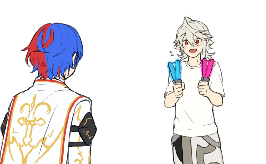 alear_(fire_emblem) alear_(male)_(fire_emblem) alternate_costume blue_hair corrin_(fire_emblem) corrin_(male)_(fire_emblem) fire_emblem fire_emblem_engage fire_emblem_fates food highres holding holding_food holding_popsicle open_mouth pointy_ears popsicle red_eyes redhead shirt upper_body white_shirt zuzu_(ywpd8853)