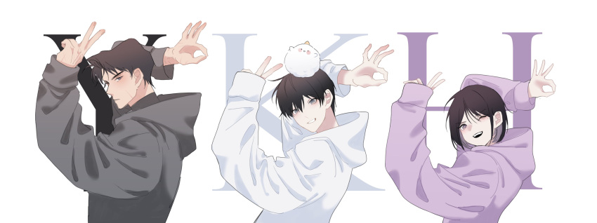 1girl 2boys absurdres biyoo_(omniscient_reader's_viewpoint) black_hair black_hoodie goodbye_sengen_(vocaloid) han_sooyoung hands_up highres hood hood_down hoodie isekaiusagi kim_dokja looking_at_viewer multiple_boys ok_sign omniscient_reader's_viewpoint one_eye_closed parted_bangs purple_hoodie short_hair simple_background v white_background white_hoodie yoo_joonghyuk