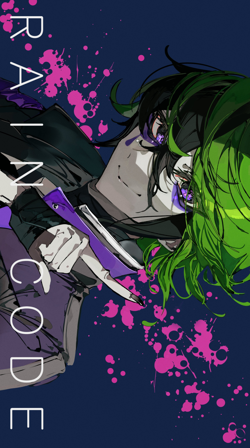 1boy absurdres bandaged_hand bandages blood blood_splatter closed_mouth commentary_request copyright_name eyeliner green_hair hair_between_eyes highres index_finger_raised jacket looking_at_viewer makeup male_focus master_detective_archives:_rain_code multicolored_hair mura_karuki pink_blood purple_eyeliner purple_jacket short_hair sideways smile solo streaked_hair twilight_vivia upper_body violet_eyes