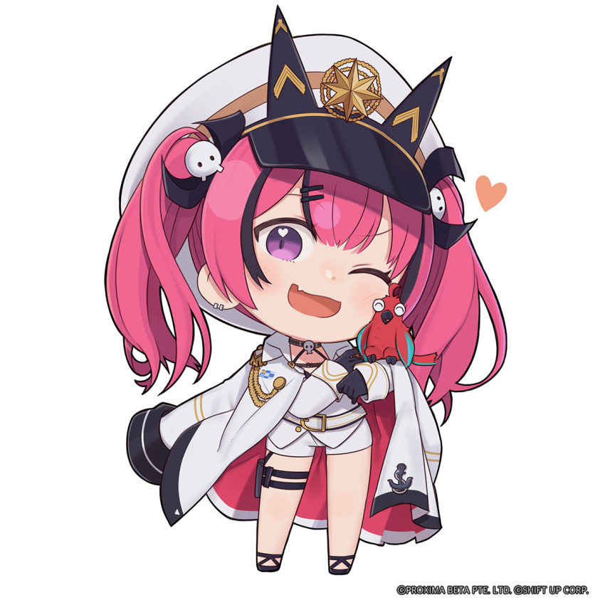 1girl anchor_symbol animal_on_arm belt bird bird_on_arm black_gloves black_ribbon chibi coat coat_on_shoulders commentary earrings epaulettes fang full_body gloves goddess_of_victory:_nikke hair_ornament hair_ribbon hairclip hat hat_ornament heart heart_in_eye highres jewelry long_hair long_sleeves looking_at_viewer mast_(nikke) multicolored_hair official_art one_eye_closed open_mouth peaked_cap pink_hair raised_eyebrows ribbon short_shorts shorts skin_fang standing streaked_hair symbol_in_eye thigh_pouch thigh_strap totatokeke twintails violet_eyes white_belt white_coat white_headwear