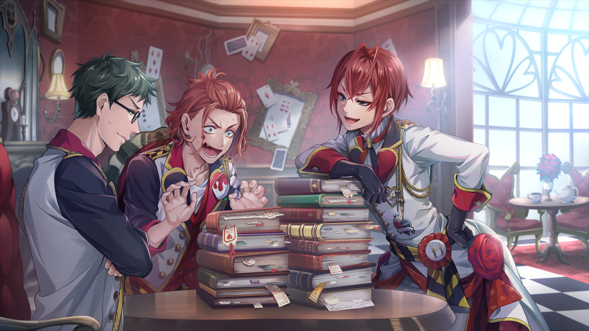 3boys aristocratic_clothes black_eyes black_gloves black_shirt book book_stack cater_diamond chair crossed_arms dark_green_hair earrings elbow_rest game_cg glasses gloves green_eyes hand_on_own_hip highres indoors jacket jewelry medium_hair multiple_boys official_art open_mouth redhead riddle_rosehearts shirt short_hair sitting table trey_clover twisted_wonderland vest white_jacket white_vest