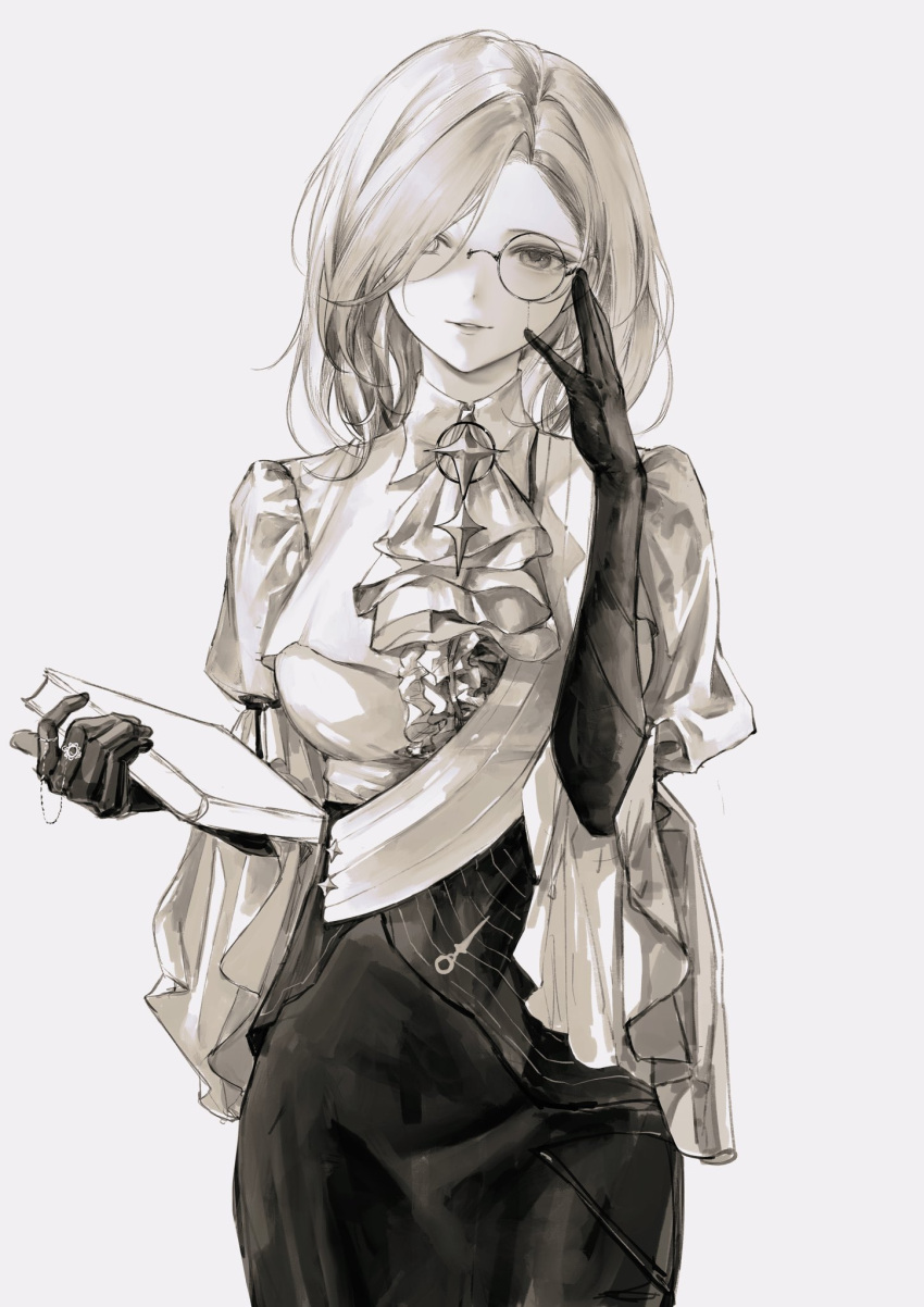1girl black_gloves black_skirt book breasts character_request dress_shirt elbow_gloves glasses gloves grey_background grey_eyes grey_hair hair_between_eyes hand_on_eyewear highres holding holding_book jewelry long_sleeves looking_at_viewer medium_breasts medium_hair moaomao_mo necktie pale_skin parted_lips path_to_nowhere ring shirt sidelocks simple_background skirt smile solo standing white_shirt