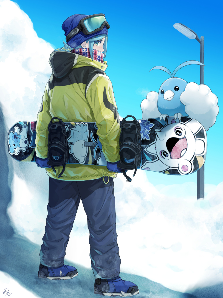 1boy alternate_costume aqua_eyes aqua_hair beanie blue_footwear blue_gloves blue_headwear commentary_request day gloves grusha_(pokemon) hat highres holding_snowboard hood hood_down jacket lamppost looking_to_the_side male_focus min_(myna8247) outdoors pants pokemon pokemon_(creature) pokemon_(game) pokemon_sv scarf scarf_over_mouth shoes sky snowboard standing swablu yellow_jacket