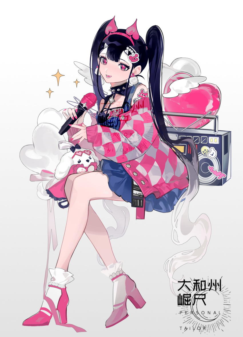1girl absurdres animal bare_legs black_hair black_ribbon blue_skirt dog earrings gillannn grey_background hair_between_eyes hair_ornament hairclip highres holding holding_microphone jacket jewelry light_blush long_hair looking_at_viewer microa microphone mini_wings mobile nail_polish open_mouth original pink_eyes pink_nails radio ribbon simple_background sitting skirt smile solo sparkle tattoo teeth twintails wings