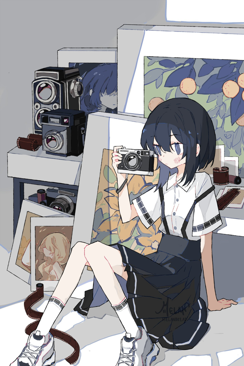 1girl arm_rest arm_support artist_name black_hair black_skirt blush buttons camera closed_mouth collared_shirt commentary dress_shirt english_commentary feet_out_of_frame film_strip hair_between_eyes hand_on_ground highres holding holding_camera knees_up looking_to_the_side medium_skirt melanbread off_shoulder on_ground original painting_(object) pleated_skirt portrait_(object) shirt shoes short_hair short_sleeves sidelocks sitting skirt sneakers socks solo suspender_skirt suspenders violet_eyes watermark white_footwear white_shirt white_socks