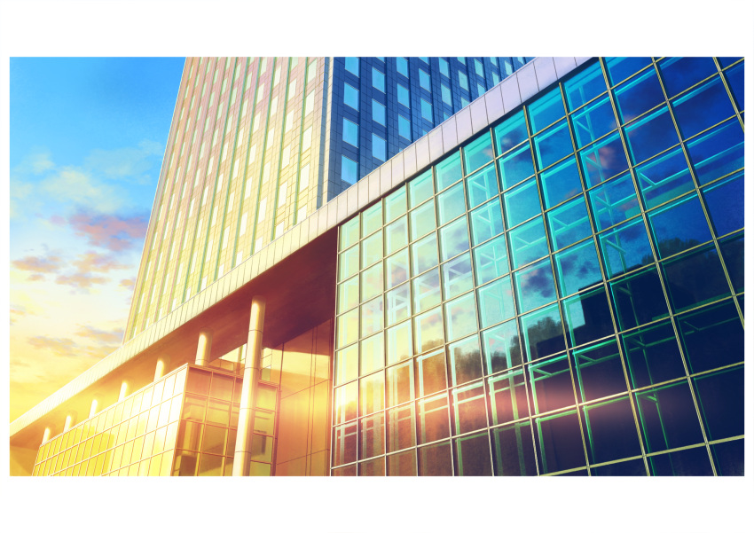 building city clouds glass gradient_sky hariken highres lens_flare letterboxed no_humans original scenery sky sunset window