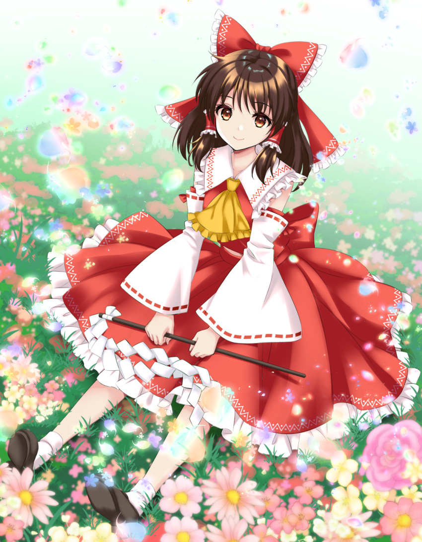 1girl ascot bow brown_eyes brown_hair closed_mouth detached_sleeves field flower flower_field frilled_skirt frills full_body gohei hair_bow hair_tubes hakurei_reimu highres kakiko210 looking_at_viewer nontraditional_miko red_bow red_skirt shoes short_hair sitting skirt socks solo touhou wide_sleeves yellow_ascot