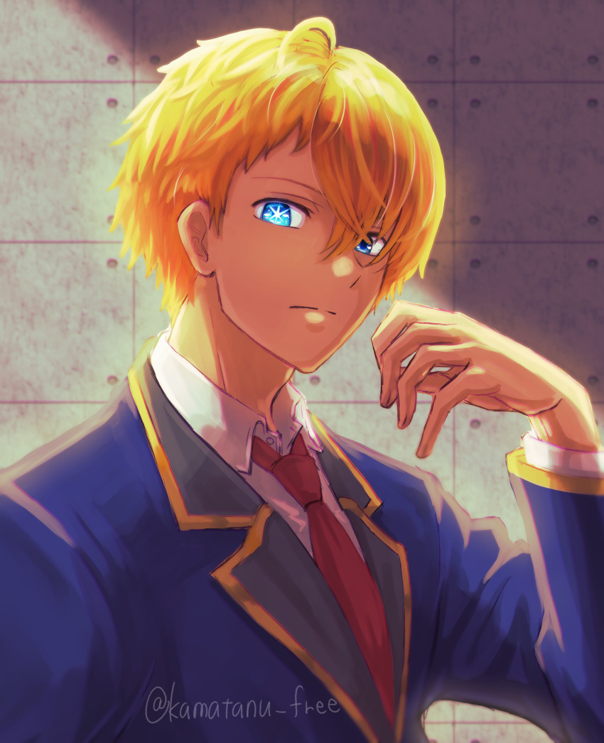 1boy absurdres blazer blonde_hair blue_eyes blue_jacket blurry blurry_background closed_mouth collared_shirt commentary_request dress_shirt highres hoshino_aquamarine jacket kamatanu_free long_sleeves looking_at_viewer male_focus mismatched_pupils necktie oshi_no_ko red_necktie school_uniform shade shirt short_hair solo star-shaped_pupils star_(symbol) symbol-shaped_pupils twitter_username upper_body white_shirt youtou_high_school_uniform