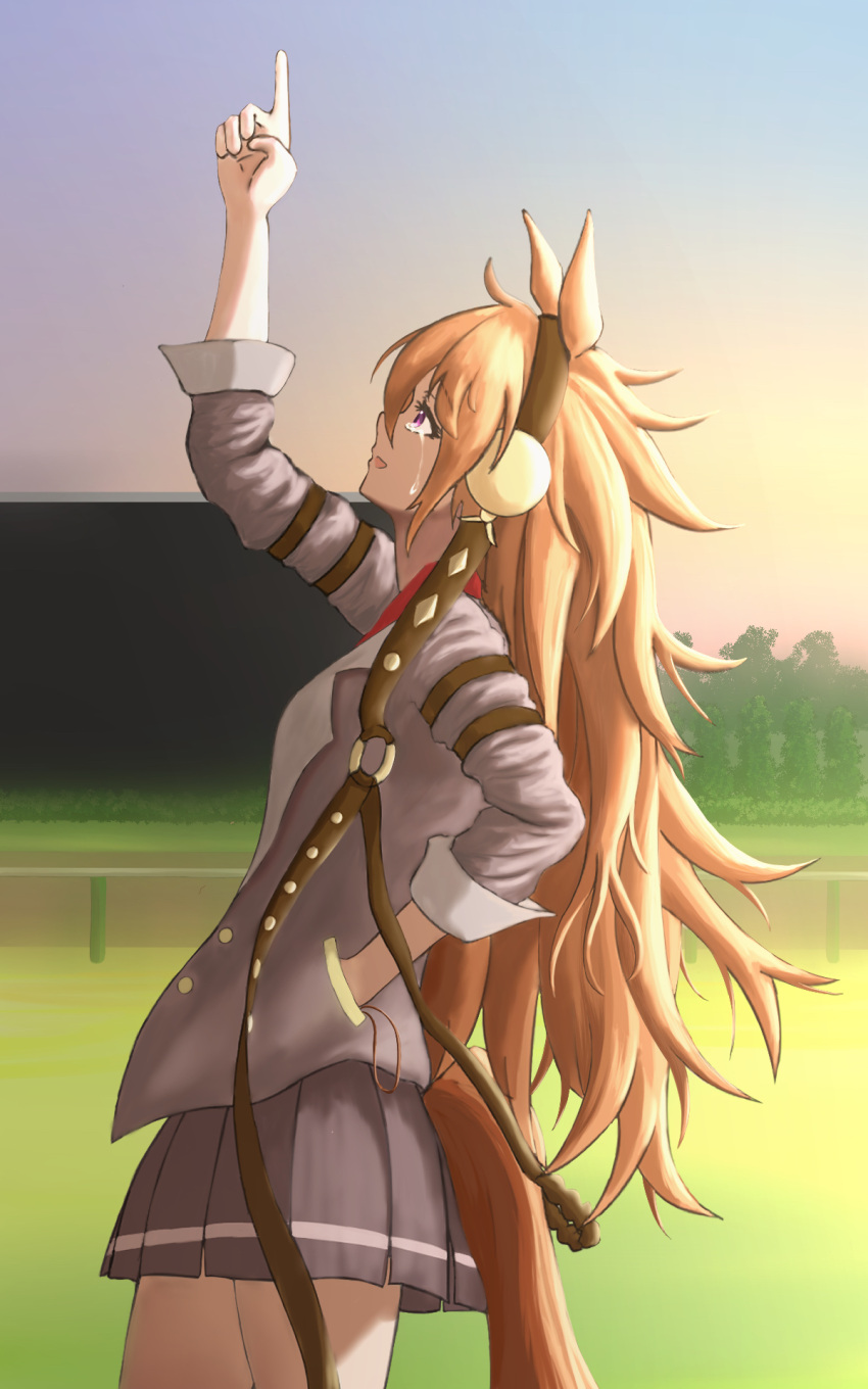 1girl animal_ears arima_kinen banzaibanzaibanzai commentary cowboy_shot crying from_side grey_jacket grey_skirt hand_in_pocket highres horse_ears horse_girl horse_racing_track jacket long_hair looking_up messy_hair orange_hair orfevre_(umamusume) pleated_skirt pointing pointing_up skirt solo umamusume violet_eyes