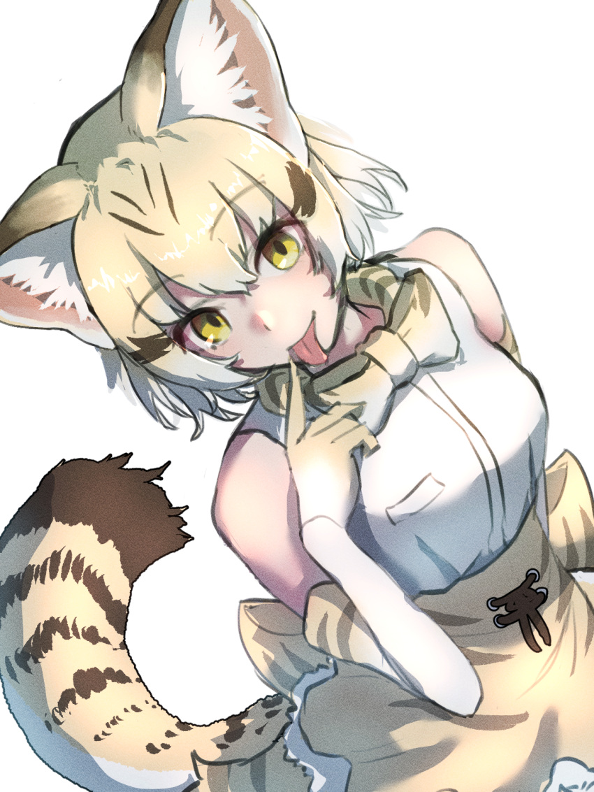 1girl :p animal_ear_fluff animal_ears animal_print arm_behind_back back_bow bare_shoulders blonde_hair bow bowtie breast_pocket brown_hair cat_ears cat_girl cat_print cat_tail colored_inner_hair dutch_angle elbow_gloves finger_to_mouth gloves grey_hair hair_between_eyes hand_up high-waist_skirt highres kemono_friends looking_at_viewer medium_hair multicolored_hair parted_bangs pocket print_bow print_gloves print_skirt sand_cat_(kemono_friends) sasa_fune shirt simple_background skirt sleeveless sleeveless_shirt smile solo tail tongue tongue_out white_background white_shirt yellow_eyes
