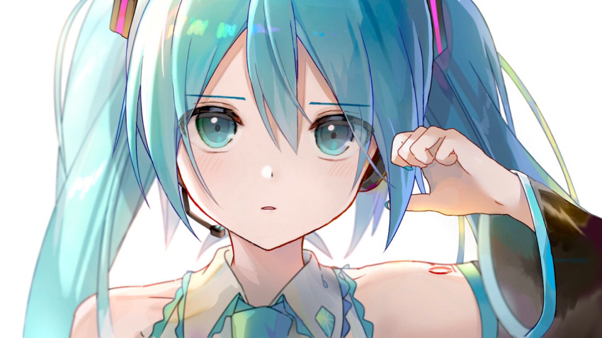 1girl aqua_eyes aqua_hair aqua_nails aqua_necktie bare_shoulders black_sleeves bloom collarbone commentary detached_sleeves grey_shirt hair_ornament hand_in_own_hair hand_up hatsune_miku headphones headset long_hair looking_at_viewer microphone nail_polish necktie parted_lips portrait shirt shoulder_tattoo sleeveless sleeveless_shirt solo tattoo tsukiringo twintails vocaloid white_background