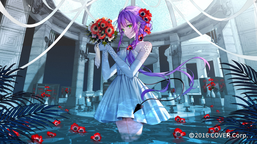 1girl alternate_costume alternate_hairstyle blunt_bangs bouquet braid candle candlestand commentary copyright_name demon_tail dome dress elbow_gloves fern fire flame floral_print flower gloves green_eyes hair_flower hair_ornament highres holding holding_bouquet hololive lace-trimmed_dress lace_trim long_hair looking_at_viewer nekoyama_iori pool purple_hair red_flower side_braid sidelocks solo standing tail tokoyami_towa vase very_long_hair virtual_youtuber wading water white_dress