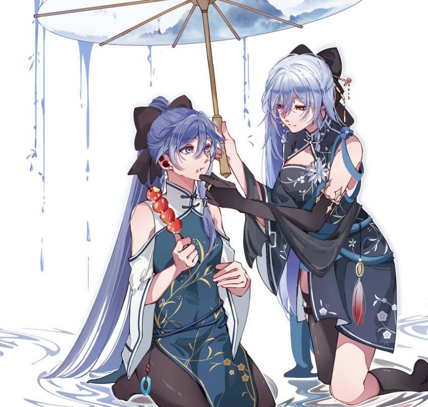 2girls alternate_costume black_ribbon black_thighhighs blue_eyes breasts chinese_clothes cleaning closed_mouth company_connection detached_sleeves earrings eating elbow_gloves food fu_hua gloves grey_hair hair_between_eyes hand_on_another's_chin highres holding holding_umbrella honkai:_star_rail honkai_(series) honkai_impact_3rd implied_yuri jewelry jingliu_(honkai:_star_rail) kneeling long_hair looking_at_another medium_breasts multiple_girls par_sato red_eyes ribbon simple_background single_thighhigh sitting small_breasts stick thigh-highs umbrella very_long_hair white_background white_hair
