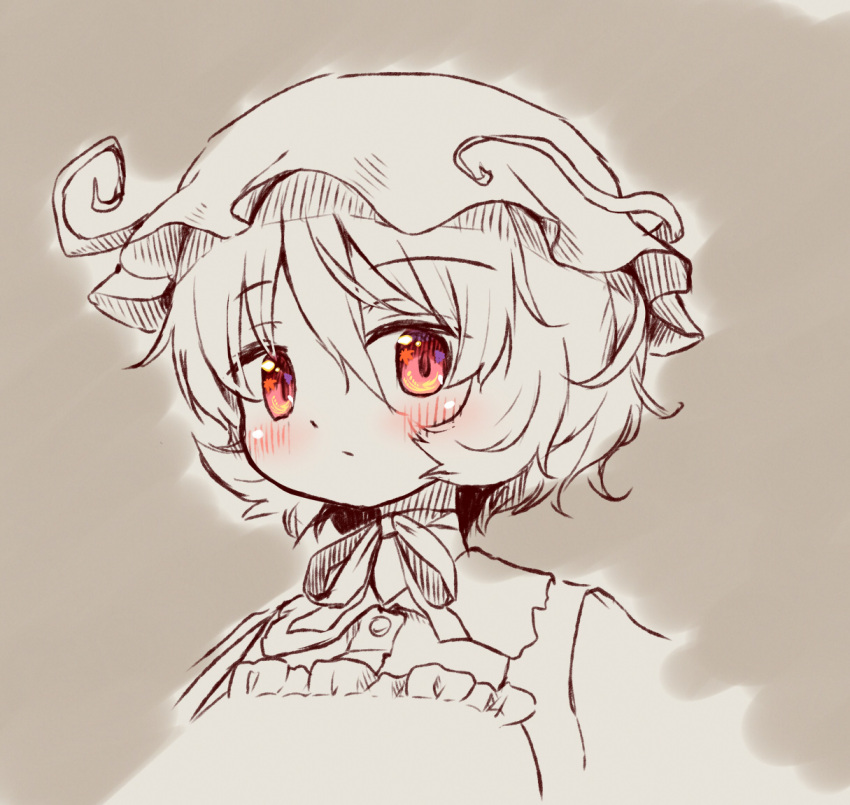 1girl aki_minoriko arinu blush buttons closed_mouth collared_shirt grey_background hair_between_eyes hat looking_at_viewer mob_cap partially_colored portrait red_eyes shirt short_hair sketch solo touhou