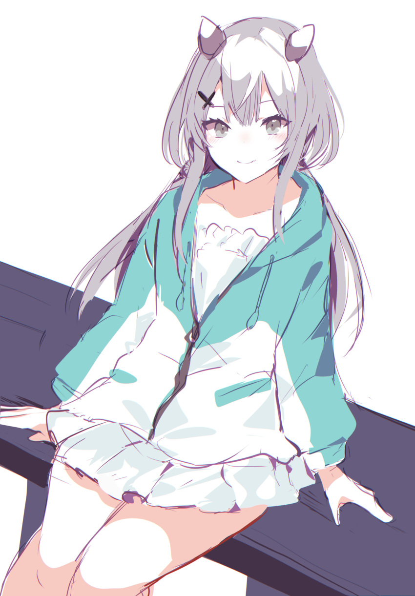 1girl bench cowboy_shot grey_eyes grey_hair hair_ornament highres hood hooded_jacket i-201_(kancolle) jacket kantai_collection long_hair multicolored_clothes multicolored_jacket official_alternate_costume one-hour_drawing_challenge simple_background sitting smile solo two-tone_jacket white_background x_hair_ornament yashiro_osa