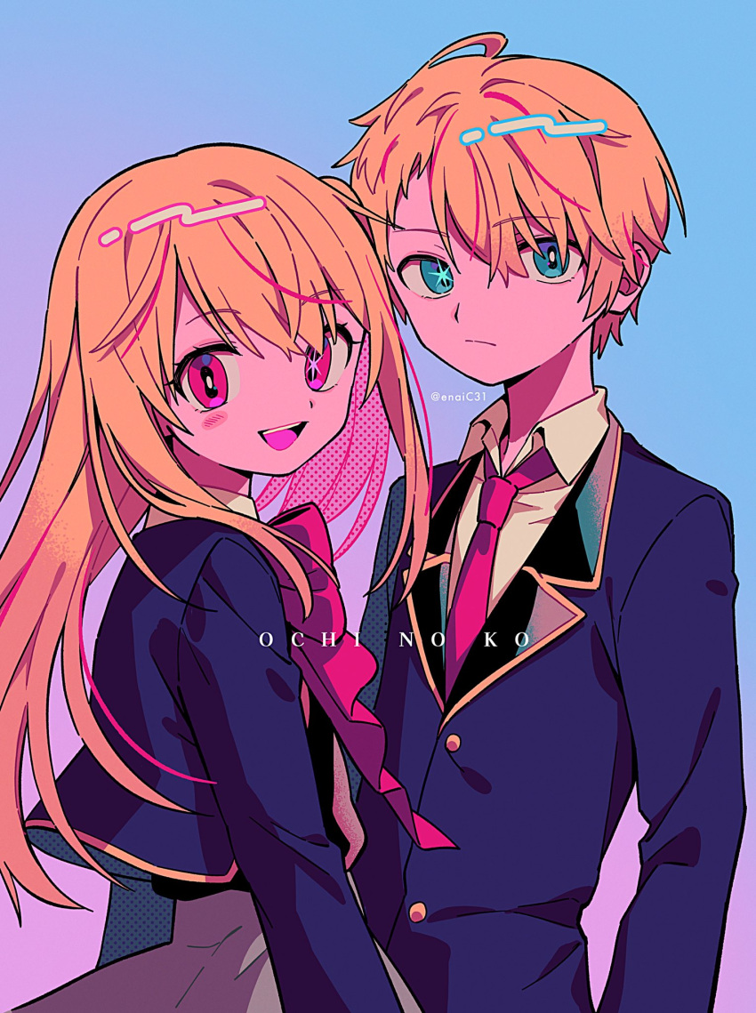 1boy 1girl asymmetrical_bangs blazer blonde_hair blue_background blue_eyes blue_jacket blush_stickers bow brother_and_sister buttons closed_mouth collared_jacket collared_shirt colored_inner_hair copyright_name cropped_jacket expressionless from_side gradient_background hair_between_eyes halftone highres hoshino_aquamarine hoshino_ruby jacket long_hair long_sleeves looking_at_viewer looking_back menma_(enaic31) mismatched_pupils multicolored_hair necktie neon_palette open_mouth oshi_no_ko pink_background pink_bow pink_eyes pink_hair red_necktie school_uniform shirt siblings sidelocks simple_background smile standing star-shaped_pupils star_(symbol) swept_bangs symbol-shaped_pupils teeth twins twitter_username typo upper_body upper_teeth_only white_shirt youtou_high_school_uniform