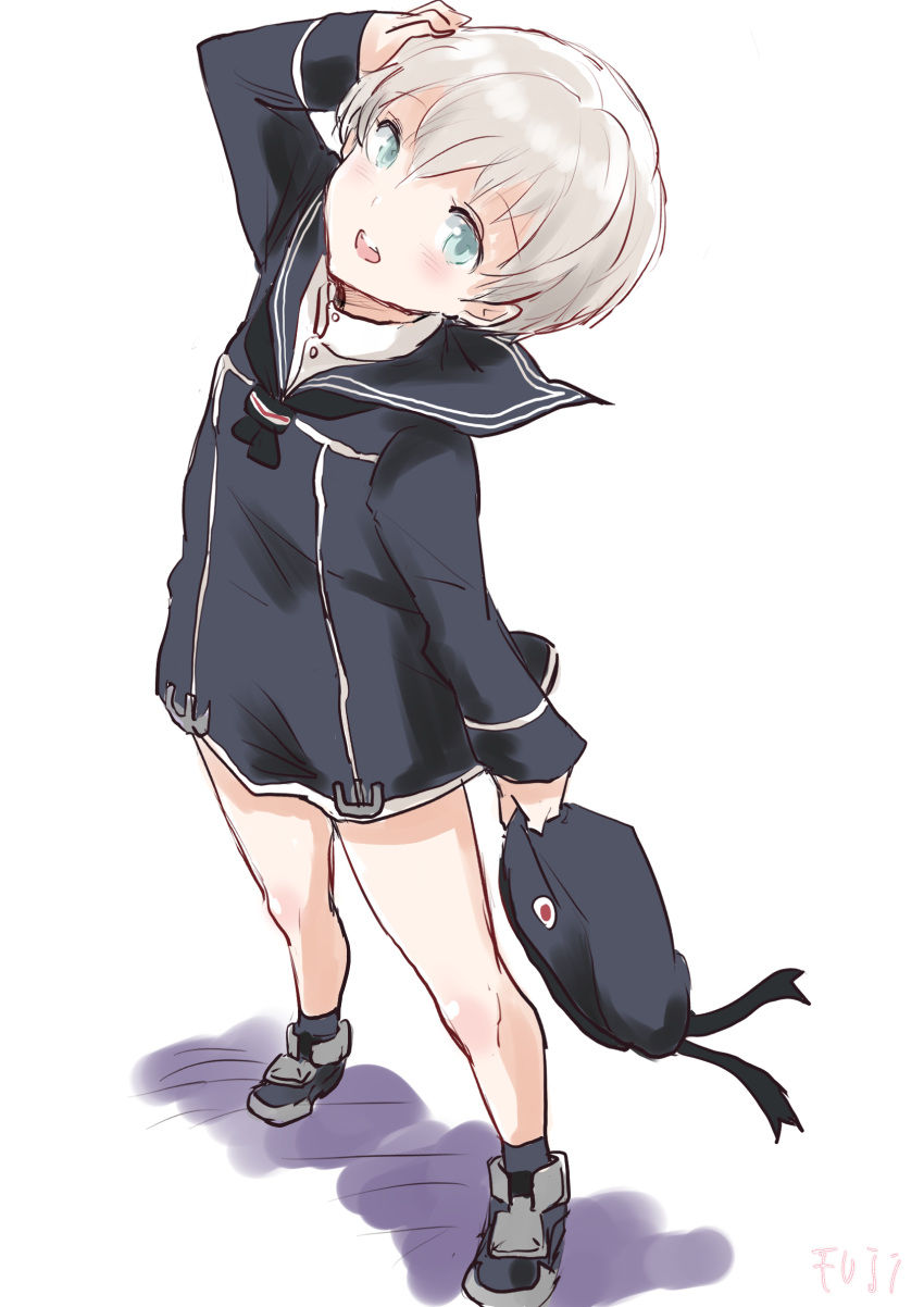 1girl black_dress black_headwear black_sailor_collar blue_eyes commentary_request dress fuji_(pixiv24804665) grey_hair hat hat_removed headwear_removed highres kantai_collection open_mouth round_teeth sailor_collar sailor_dress sailor_hat short_hair simple_background smile solo standing teeth upper_teeth_only white_background z1_leberecht_maass_(kancolle)
