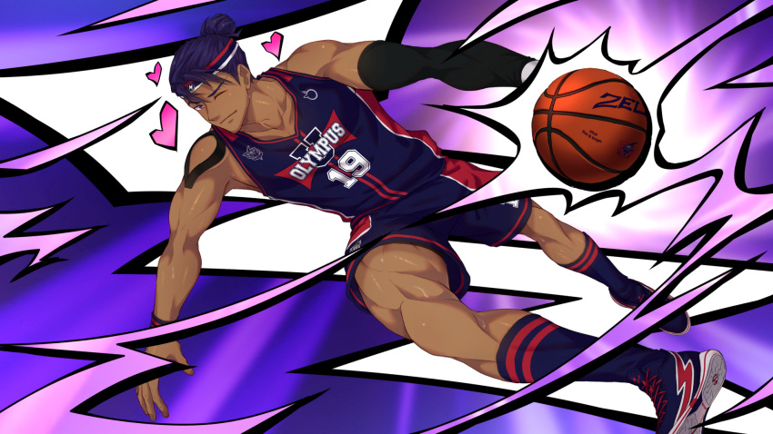 1boy ball basketball_(object) basketball_jersey basketball_uniform blue_footwear blue_shorts blue_socks closed_mouth collaboration dark-skinned_male dark_skin dutch_angle full_body heart highres holding holding_ball jock_studio_(blits_games) looking_at_viewer male_focus mikkoukun non-web_source official_art one_eye_closed purple_background purple_hair shoes shorts smile socks solo sportswear thighs variant_set violet_eyes zamius zayne_alexander