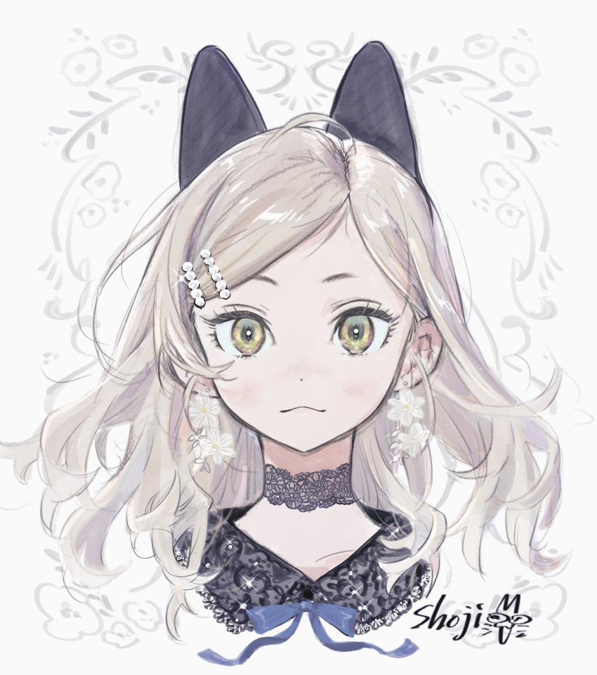 1girl :&lt; blonde_hair blue_ribbon bright_pupils cat_ear_hairband choker collarbone commentary cropped_shoulders dangle_earrings earrings flower_earrings fusuma_(nohbrk) green_eyes hair_ornament hairclip highres jewelry lace lace-trimmed_collar lace_choker lace_trim light_blush light_smile long_hair looking_at_viewer messy_hair neck_ribbon original parted_bangs portrait rhinestone ribbon short_eyebrows signature slit_pupils solo straight-on symbol-only_commentary white_pupils