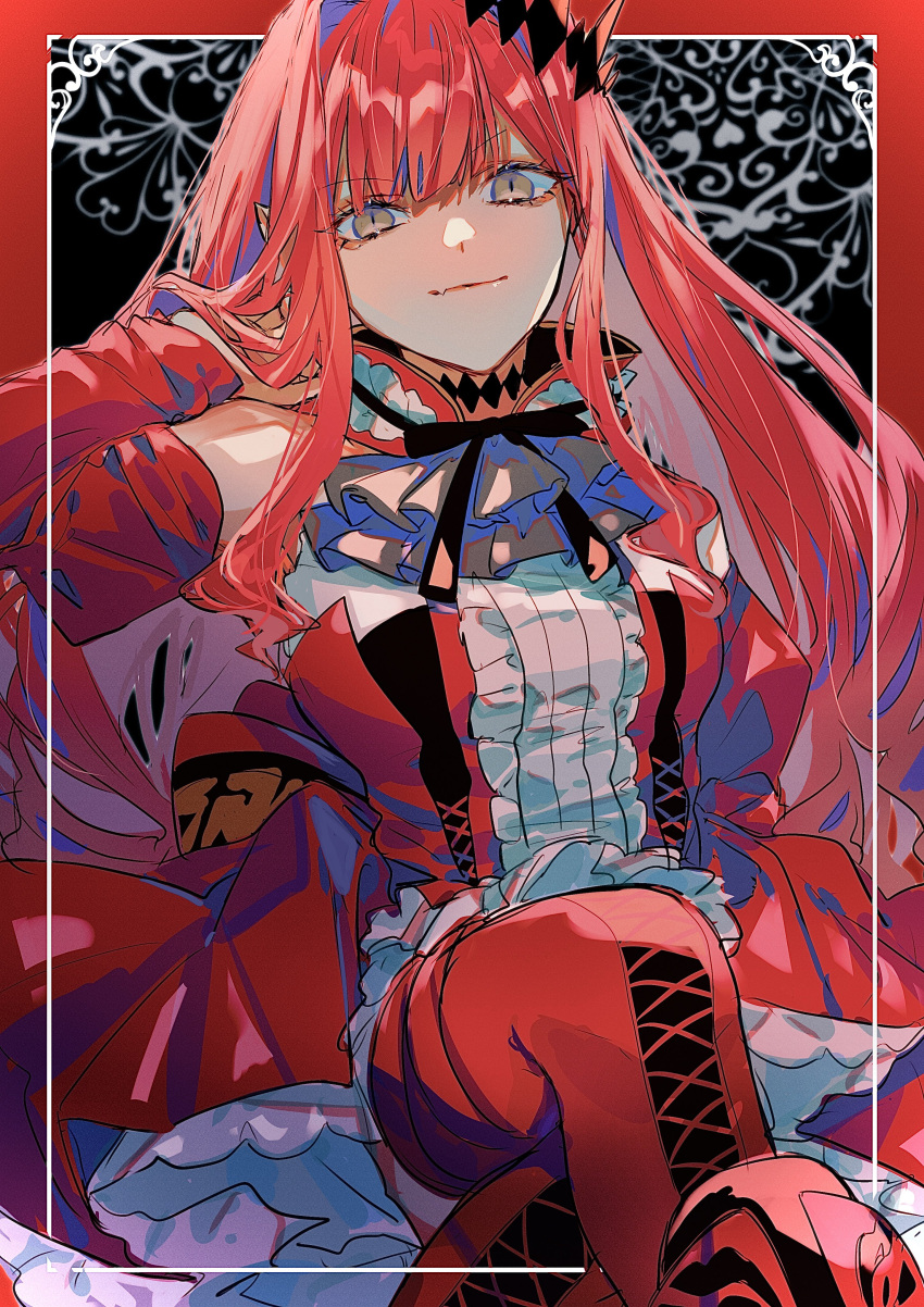 1girl absurdres ascot baobhan_sith_(fate) bare_shoulders black_ascot center_frills closed_mouth commentary_request detached_sleeves dress fate/grand_order fate_(series) frilled_dress frills grey_eyes hair_between_eyes hair_ornament highres long_hair looking_at_viewer nasubi_illust neck_ribbon pointy_ears red_dress redhead ribbon slit_pupils solo strapless strapless_dress very_long_hair wavy_hair