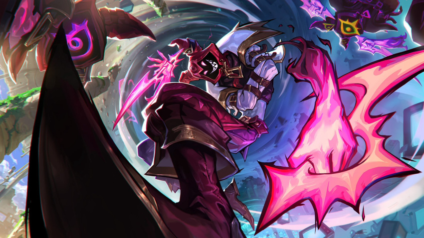1boy belt boots colored_skin detached_arm fake_horns from_below grey_skin grin highres holding holding_weapon hood hood_up horns jacket league_of_legends looking_down magic navel official_art pants puppet red_belt red_footwear red_hood red_pants shaco sharp_teeth smile solo soul_fighter_shaco stomach straitjacket teeth weapon white_jacket