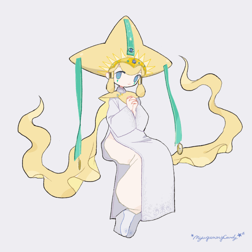 1other blonde_hair blue_eyes cape coin_(ornament) eye_symbol facial_mark full_body green_ribbon grey_background grey_tunic hair_tubes hands_up hat highres interlocked_fingers invisible_chair jirachi long_sleeves looking_at_viewer myu_(3u_gumi) own_hands_together pants personification platform_footwear pokemon praying ribbon sidelocks simple_background sitting smile solo star_(symbol) twitter_username white_pants wide_sleeves yellow_cape yellow_headwear