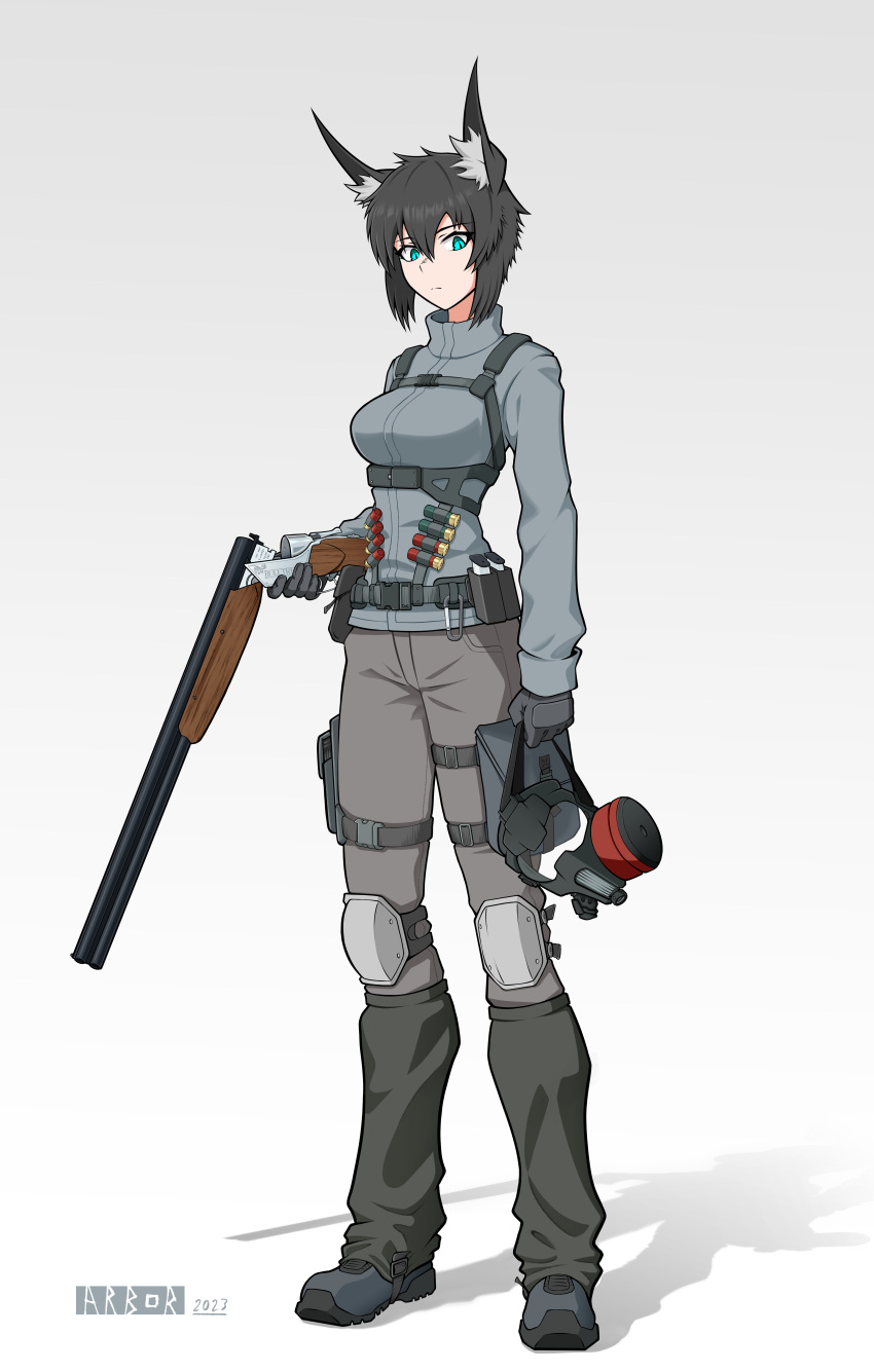 1girl absurdres animal_ears arbor_spirit artist_name black_hair breasts double-barreled_shotgun expressionless fox_ears gas_mask gun highres holding holding_gun holding_weapon holster knee_pads large_breasts long_sleeves looking_at_viewer magazine_(weapon) mask mask_removed original short_hair shotgun shotgun_shell solo standing tactical_clothes thigh_holster toz-34 weapon