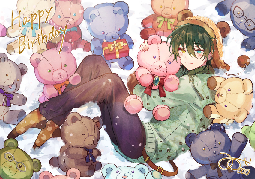 1boy animal_print aqua_eyes bear_hat bear_print blue_bow blue_bowtie bow bowtie box brown_bow brown_bowtie closed_mouth commentary_request ensemble_stars! gift gift_box glasses green_eyes hair_between_eyes happy_birthday heterochromia highres hug kagehira_mika long_sleeves looking_at_viewer lying male_focus on_side purple_bow purple_bowtie red_bow red_bowtie short_hair signature socks solo stuffed_animal stuffed_toy sweater teddy_bear teddy_bear_(ensemble_stars!) wednesday_108 yellow_bow yellow_bowtie yellow_eyes