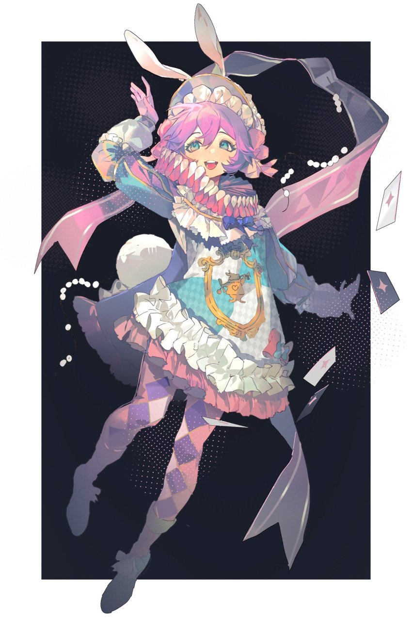 1girl animal_ears arm_up card gillannn gloves green_eyes hair_between_eyes hair_ornament hair_ribbon hat highres long_sleeves looking_up open_mouth original pink_gloves pink_hair pink_ribbon pink_scarf rabbit_ears rabbit_tail ribbon scarf short_hair simple_background smile solo tail