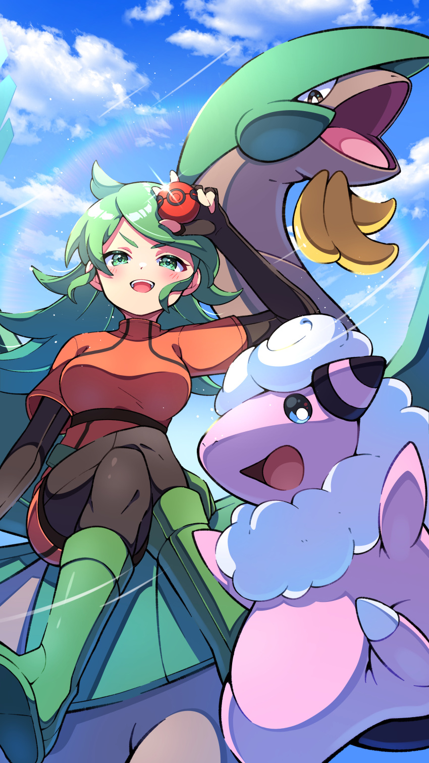 1girl :d absurdres ace_trainer_(pokemon) blush boots breasts cherish_ball clouds commentary_request crossed_legs day fingerless_gloves flaaffy glint gloves green_eyes green_footwear green_hair hand_up highres holding holding_poke_ball jacket long_hair open_mouth orange_jacket orange_skirt outdoors pantyhose poke_ball pokemon pokemon_(creature) pokemon_(game) pokemon_dppt pon_yui riding riding_pokemon sitting skirt sky smile tropius