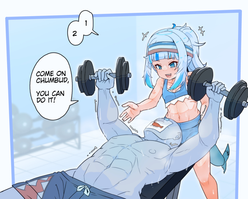 1girl abs alternate_hairstyle blue_eyes blue_hair dumbbell ebi-chan_(gawr_gura) english_text exercise fins fish_tail gawr_gura gills grey_hair gym gym_shorts headband hololive hololive_english mask moral_cacoethes multicolored_hair ponytail shark_girl shark_tail shorts shrimp sports_bra streaked_hair sweat tail toned toned_male trembling virtual_youtuber weightlifting weights