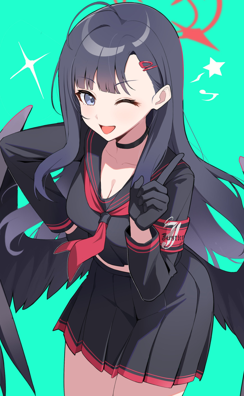 1girl absurdres armband black_choker black_gloves black_hair black_sailor_collar black_serafuku black_wings blue_archive blunt_bangs choker feathered_wings gloves halo hand_on_own_hip highres ichika_(blue_archive) index_finger_raised justice_task_force_(blue_archive) long_hair low_wings neckerchief one_eye_closed open_mouth red_armband red_eyes red_halo red_neckerchief safety_pin sailor_collar school_uniform serafuku smile text_print wings xubai