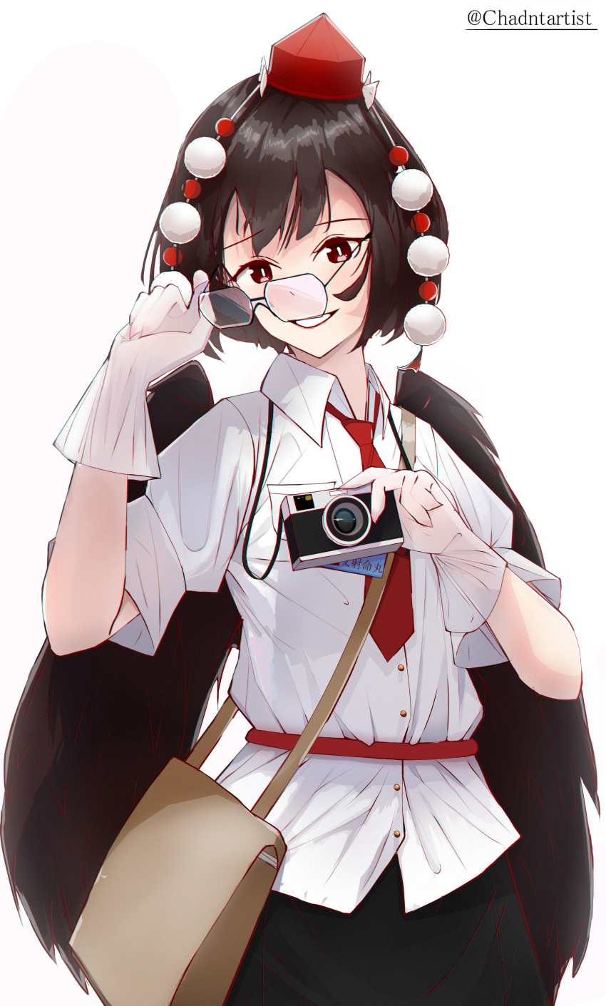 absurdres bag black_hair black_skirt bow buttons camera chadntartist character_name collar collared_shirt feathered_wings fingernails glasses gloves hat highres holding holding_camera holding_eyewear name_tag necktie paper pocket red_eyes red_headwear red_lips red_tie self-upload shameimaru_aya shirt short_hair simple_background skirt smile teeth tokin_hat touhou twitter_username wings