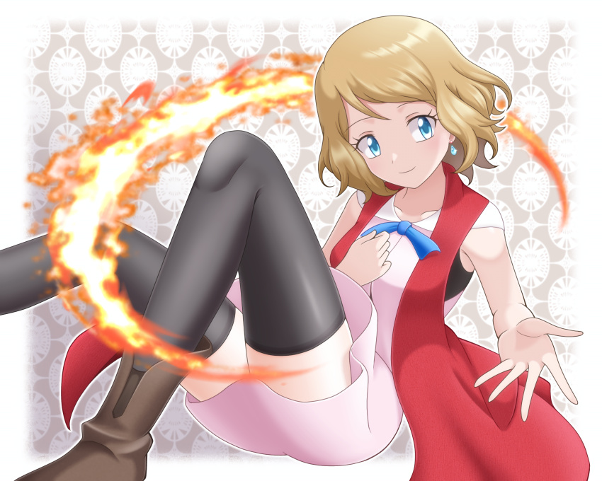 1girl absurdres black_thighhighs blonde_hair blue_eyes blue_ribbon boots brown_footwear closed_mouth coat commentary_request dress earrings eyelashes fire hand_up highres jewelry looking_down neck_ribbon open_clothes open_coat pink_dress pokemon pokemon_(anime) pokemon_xy_(anime) red_coat ribbon serena_(pokemon) sleeveless_coat smile solo spread_fingers thigh-highs zeki231