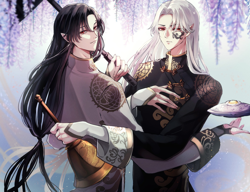 2boys absurdres bell black_hair black_robe blue_background changpao chinese_clothes chrysanthemum_print facial_tattoo fan_wujiu fan_wujiu_(broken_blossoms) floating floating_object floral_print flower hand_on_own_chest highres holding holding_bell holding_umbrella identity_v kino_(uni_sk38) light_particles long_hair long_sleeves looking_at_viewer looking_back low-tied_long_hair male_focus matching_outfits multiple_boys official_alternate_costume parted_bangs parted_lips pointy_ears purple_flower red_eyes robe scowl sleeve_cuffs smile tattoo umbrella upper_body white_hair white_robe wisteria xie_bian xie_bian_(broken_blossoms)