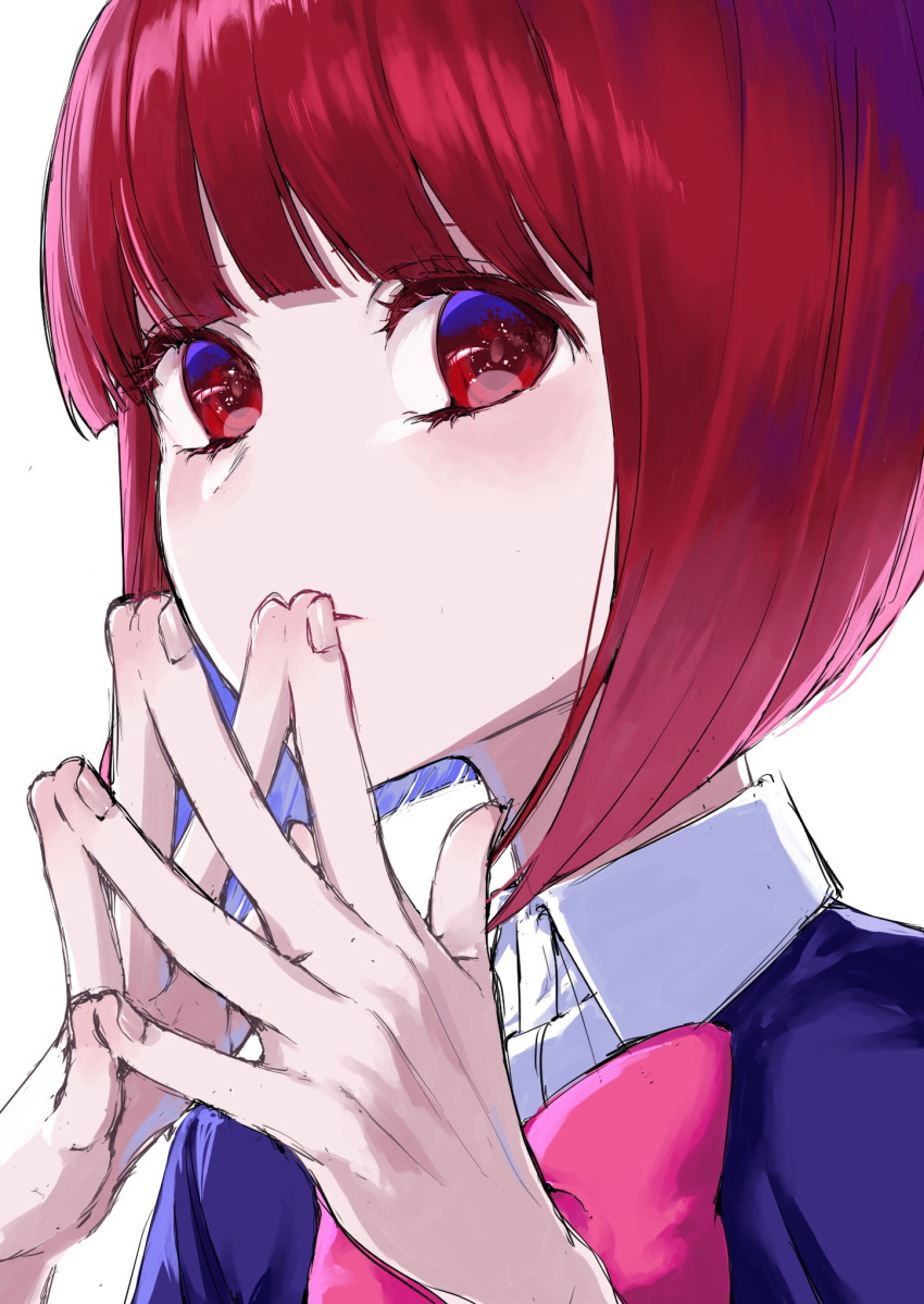 1girl arima_kana blue_jacket blunt_bangs bob_cut bow bowtie collared_shirt commentary dress_shirt hanezu_(hanezu_i) highres inverted_bob jacket looking_at_viewer medium_hair oshi_no_ko parted_lips pink_bow pink_bowtie red_eyes redhead school_uniform shadow shirt simple_background solo steepled_fingers upper_body white_background white_shirt youtou_high_school_uniform